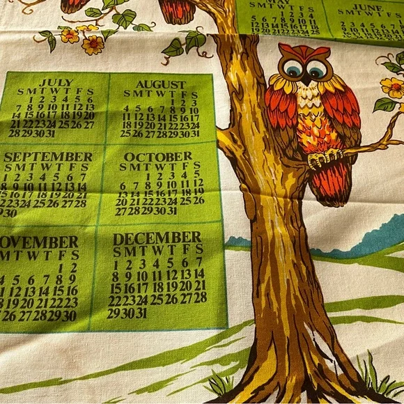 Vtg Tea Towel Calendar Owls In Tree Give Thanks Fruits Flowers Mushrooms - Picture 7 of 9
